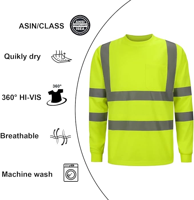 High Visibility Class 3 T Shirts，Hi Vis Safety Shirts with Reflective Strips and Pocket, Long Sleeve Quick Dry Mesh Construction Work Shirt for Men/Women Lime,5XL