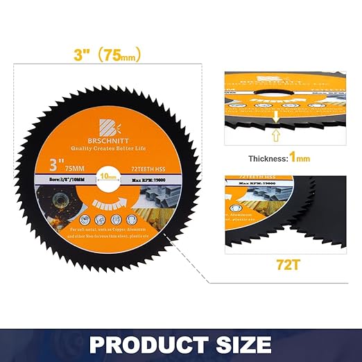 HSS Circular Saw Blade 3inch - BRSCHNITT 5pcs 72T 10mm Bore Cutting Discs for Wood, Copper, Aluminum, Plastic and Soft Metal