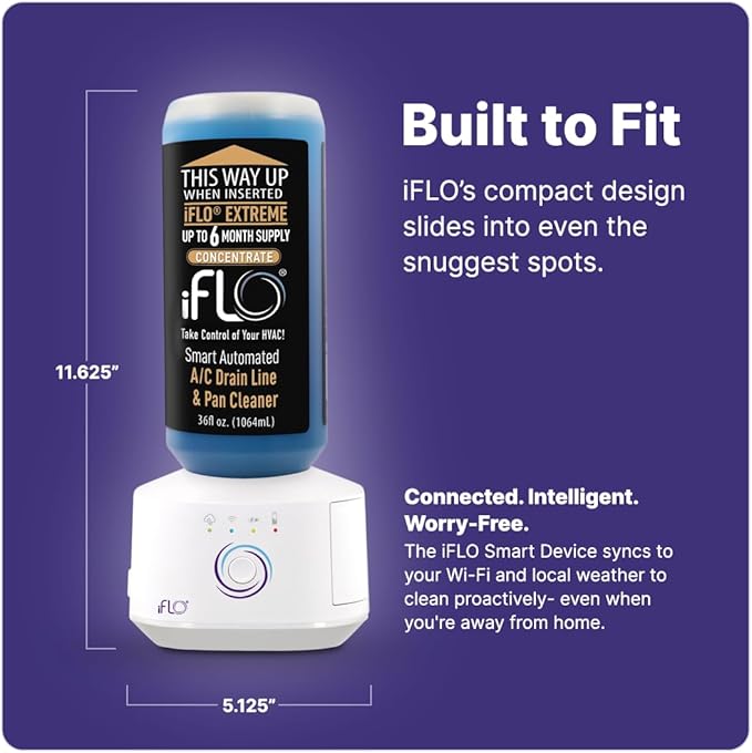 iFLO® Smart A/C Drain Line and Drain Pan Cleaner for HVAC System, Clog-Free, Easy Installation & App-Controlled Air Conditioner Maintenance, Includes 36oz Cleaner Cartridge Concentrate, 6 Month Supply