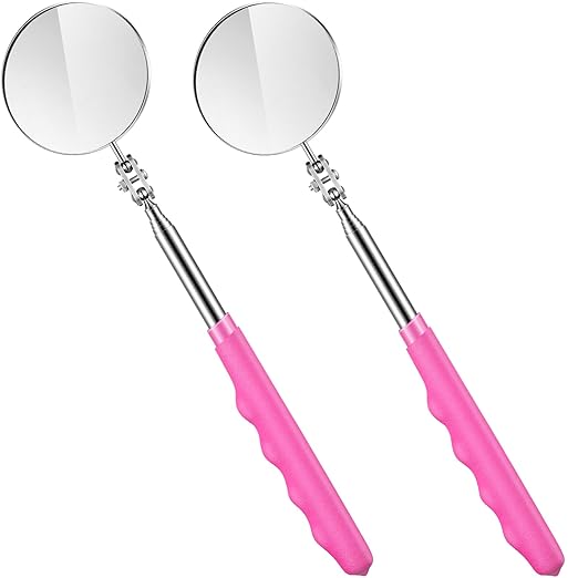 2 Pcs Telescoping Inspection Mirrors, Mechanics Mirror Tool with Long Handle, Round Extendable Mirror on a Stick for Technicians Mechanics Contractors Checking Observation(50mm,Pink)