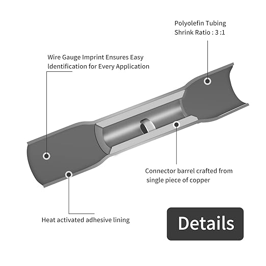 14-12 AWG Butt Connectors Heat Shrink - 50Pcs Black Electrical Wire Connector Insulated Waterproof Boat Automotive Wire Splice Crimp Wiring Terminals