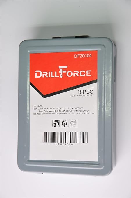 DRILLFORCE 18pc Combination Drill Set - HSS, Brad Point Wood, Masonry Drill Bits