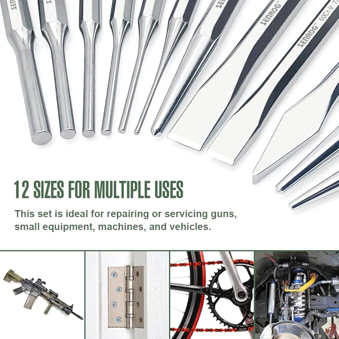 12-Piece Punch and Chisel Set, Including Pin Punch, Cold Chisel, Taper Punch, Center Punch, Carrying Case, Widely Used in Factories, Repair Shops, Home