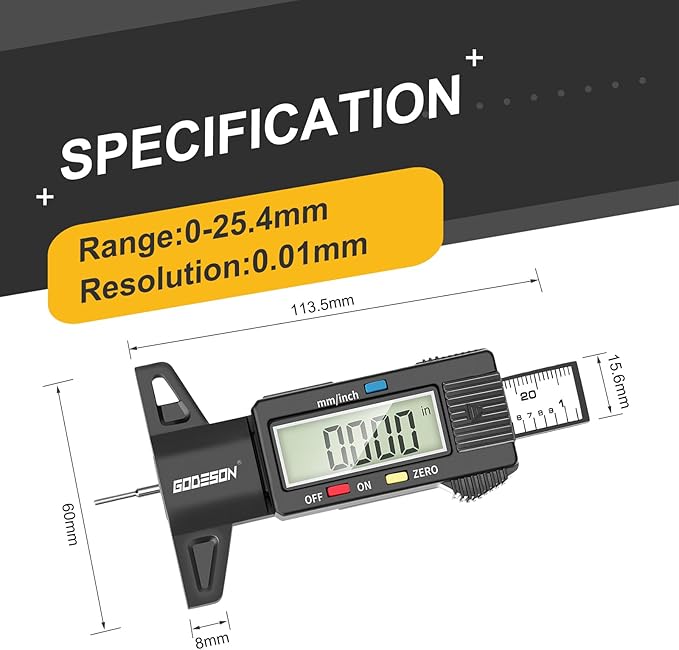 GODESON Digital Tyre Tread Depth Gauge UK,0-25.4 Mm Inch Tyre Guage Digital with Large LCD Display and Tire Tread Depth Measuring Tool for Cars,Trucks,Moto