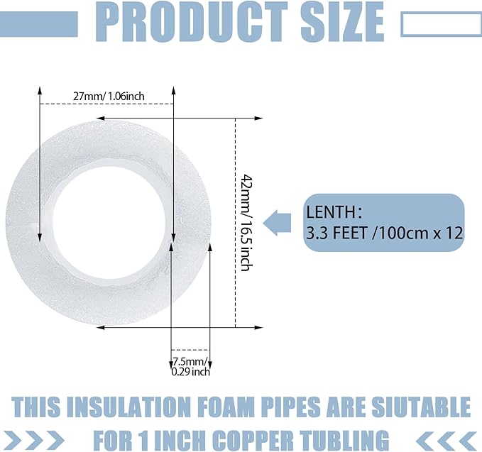Amylove 12 Pcs 3.3 Feet Foam Pipe Insulation Foam Tube Insulating Water Pipe Pool Swim Noodles Heat Preservation Pipe Covers for Tubing Outdoor Freeze Protection (White,3/4 Inch)