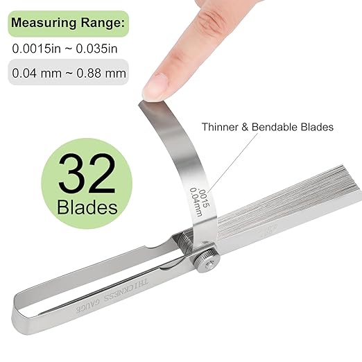 Stainless Steel Feeler Gauge 32-Blade 0.04-0.88 mm (0.0015-0.035 Inch) Precision Gap Measuring Tool for Valve Adjustment, Spark Plug Gap, Dual Marked Metric and Imperial Measuring Tools