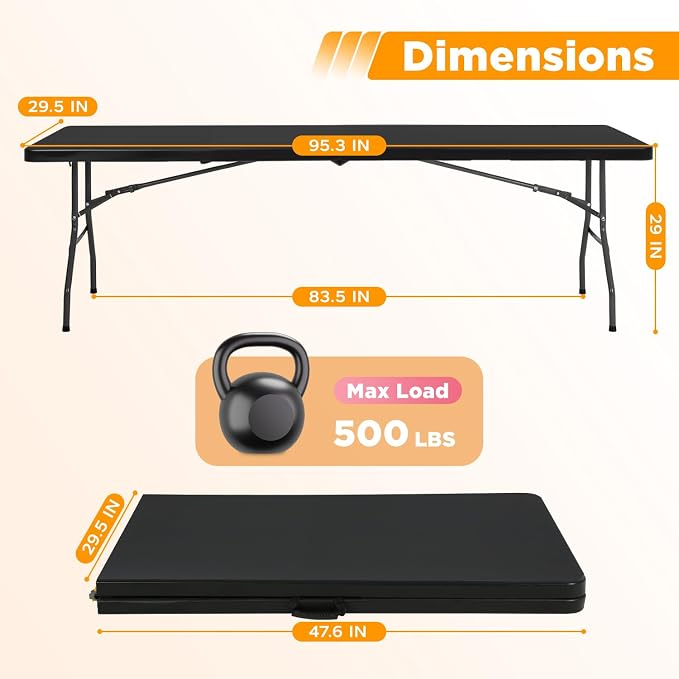 FDW 8FT Folding Table, Portable Fold-in-Half Plastic Picnic Party Table - Image 3