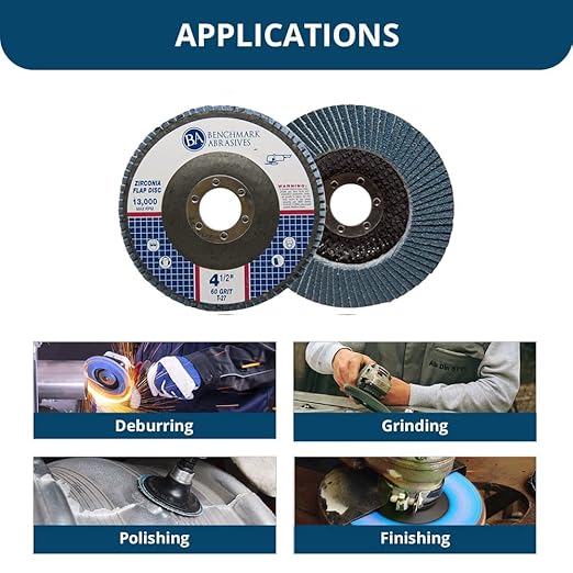 Benchmark Abrasives 4.5" Premium Zirconia Type 27 Flat Flap Discs Grinding Wheels for Sanding Stock Rust Removal Finishing Grinding Deburring Stainless Steel, 7/8" Arbor (100 Pack) - 60 Grit