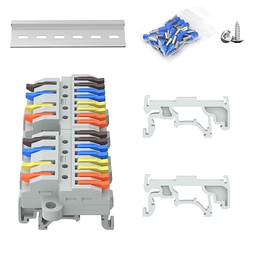 2Pcs Lever Wire Connectors, 4 in 8 Out, Push-in, Quick Wiring DIN Terminal Blocks, 0.7-2.5(4) mm², 600V 32A, 24Pcs Wire Ferrules Terminals & 4.72 Inch DIN Rail Included