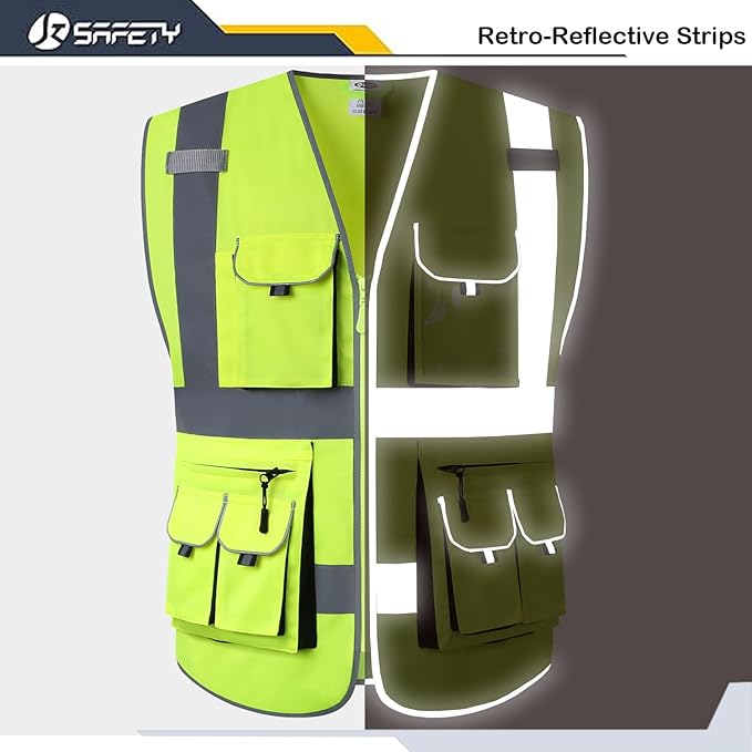 JKSafety 10 Pocket Class 2 High Visibility Zipper Front Yellow Safety Vest with High Reflective Strips - Meets ANSI/ISEA Standards (Large)