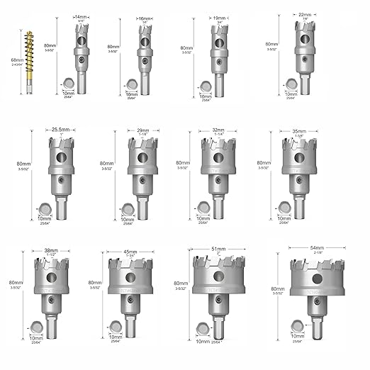 GSTK Upgrade Heavy Duty Carbide Hole Saw 14 Pcs,Metal Steel Hole Saw Drill Bit,TCT Hole Cutter,Alloy Hardness Upgrade, with 2*Extra Titanium Plated Pilot Center Drill and 2*L-Wrench