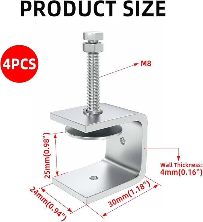 1.2 Inch Stainless Steel Heavy-Duty Clamp, Stainless Steel C-Shaped Clamp with 1-Inch Opening, Suitable for Woodworking Bonding, Cutting and Installation. 4pcs