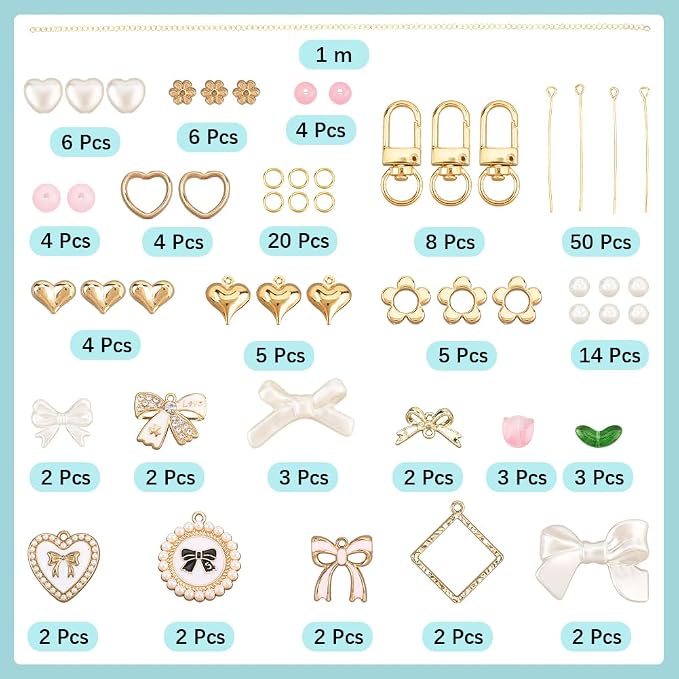 SUNNYCLUE 1 Box 156Pcs DIY 8 Sets Keychain Making Kit Bows Key Chain Charm Bead - Image 2