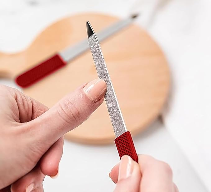 Professional Sapphire Nail File – Ruby Red, 5" Stainless Steel, Double-Sided Metal File, Ergonomic Non-Slip Handle, for Natural, Gel, Acrylic Nails, Manicure & Pedicure Tool