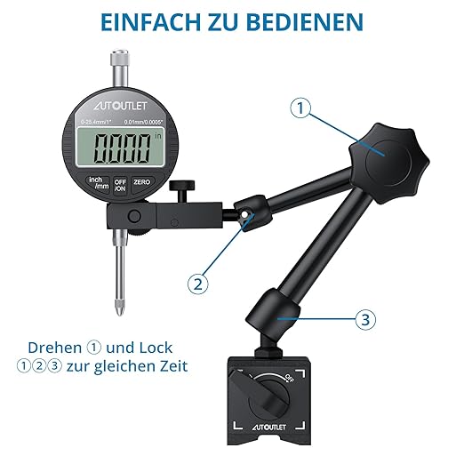 AUTOUTLET Digital Dial Indicator with Magnetic Base, Long Arm 0-1" with Professional Dial Gauge 0.0005",Inch/Metric Conversion for Lathe and Milling Machine Alignment