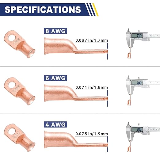 Haisstronica 60PCS Copper Wire Lugs Kit(AWG 8 6 4),Heavy Duty Battery Cable End,Bare Copper Crimp Connectors,Eyelets Tubular Ring Terminals(4Sizes/12Types)