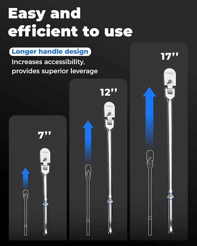toolant 4Pcs Flex Head Ratchet Set, 1/4“&3/8"&1/2" Drive Gear Wrench Compact Head Ratchet Wrenches, 90-Tooth Gear, 180° Flex, 11 Positions, Longer Handle, 1.5X ASME Durability