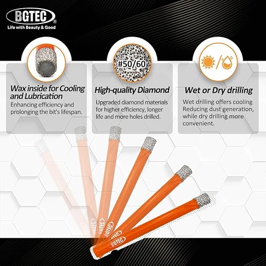 Dry Diamond Drill Bit Set,BGTEC 5pcs 3/8" 10mm Hole Saw for Granite,Marble,Masonry, Concrete, Tile/Ceramic, Glass, Hard Plastic,Vacuum Brazed Diamond Core Drill Bit Kit