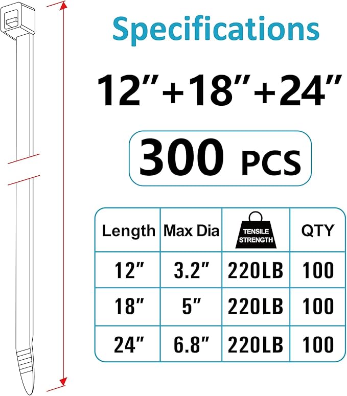 Zip Ties Assorted Sizes (12"+18"+24")- 300 Pack, Large Zip Ties Heavy Duty with 220 lb Tensile Strength for Outdoor Use, Black, Long Cable Ties by ANOSON