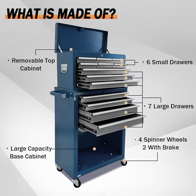 13 Drawer Rolling Tool Chest with Wheels, 2 in 1 Detachable Tool Chest with Drawers, Large Tool Box with Lock, Metal Tool Cabinet for Garage Workshop(Blue-Gray)