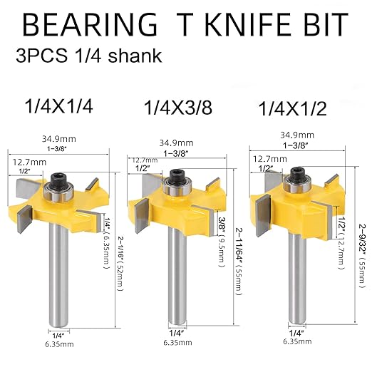 3PCS 1/4 Bearing T Knife Bit of The Four Edges Four Blade Slot Engraving Router planing Head Wood Cutter Woodworking Tools Carving Cutting Tool