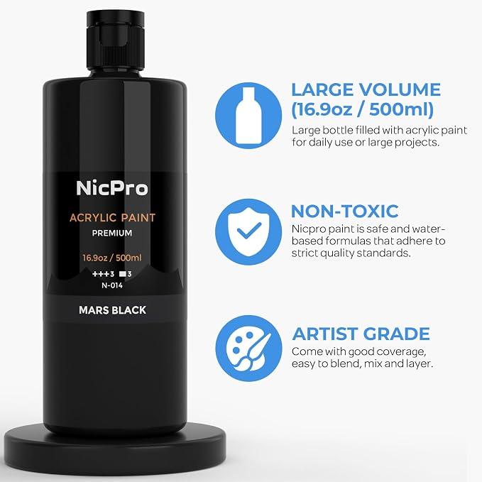 Nicpro Black Large Acrylic Paint, Rich Pigments, Non Toxic Craft Paint - Image 2
