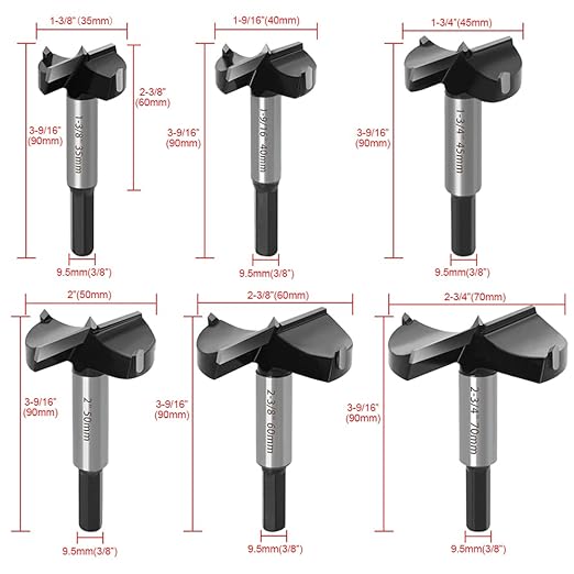 ASNOMY 6PCS Large Size Forstner Drill Bit, 1-3/8Inch to 2-3/4Inch Carbide Tipped Forstner Bit for Hard Wood, Wood Drilling Hole Saw Set Woodworking Hinge Cutter Tool Kits for Plastic Plywood