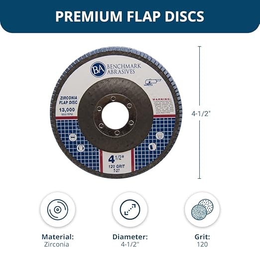 Benchmark Abrasives 4.5" Premium Zirconia Type 27 Flat Flap Discs Grinding Wheels for Sanding Stock Rust Removal Finishing Grinding Deburring Stainless Steel, 7/8" Arbor (100 Pack) - 120 Grit