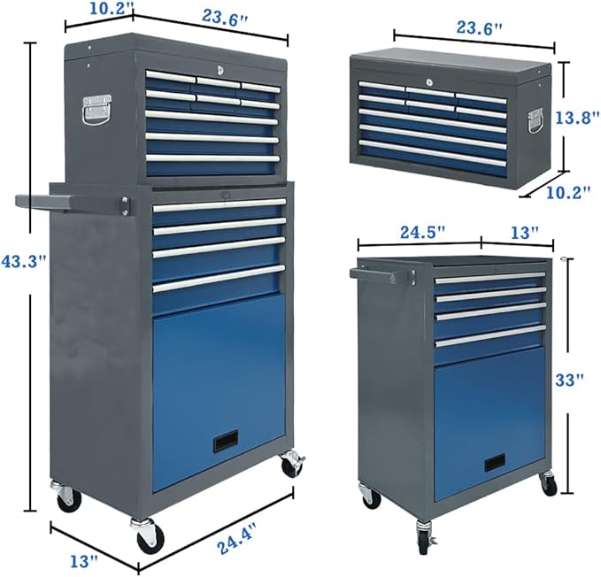 13 Drawers Tool Chest with Wheels,Large Capacity Tool Storage Cabinet with Removable Top Toolbox, Locking Mechanical Tool Cart with Liner,Suitable for Garages, Warehouses-Blue&Grey