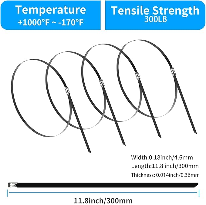 XINGO 11.8 inch Metal Zip Ties (600 Pack), 304 Stainless Steel Heavy Duty Zip Ties, 300lbs Tensile Strength, Multi-Purpose Self-locking Cable Ties for Exhaust Wrap, Outdoor and Canopy Etc