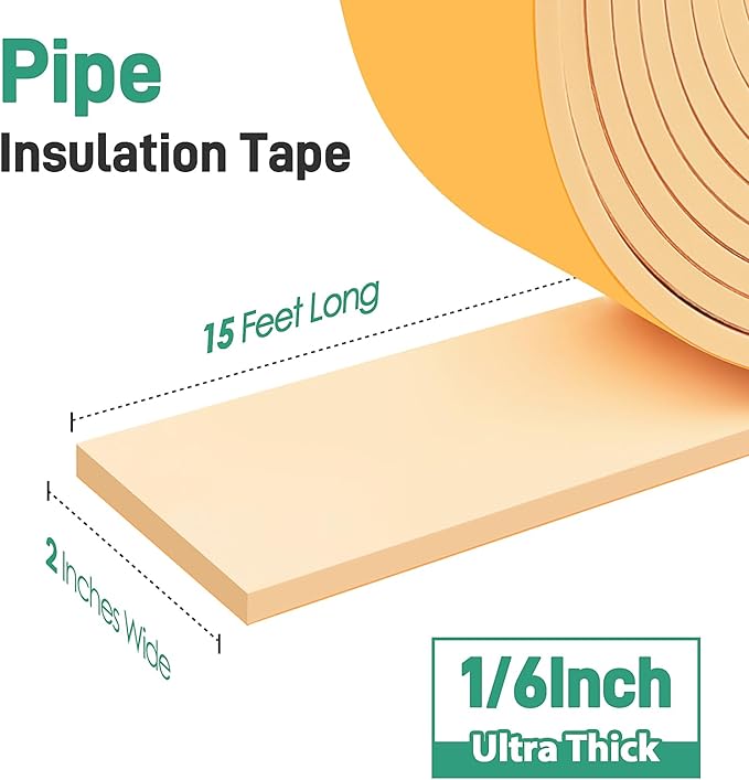 Pipe Insulation Tape, Foam Insulation Tape for Outdoor Pipes Winter Freeze Protection, Foam Pipe Insulation Wrap, Heat Tape for Water Pipes, Copper Pipes, PVC, AC Line, 2in x 15ft, Beige