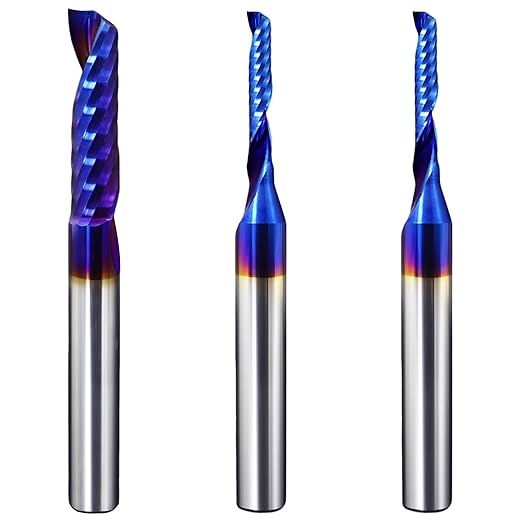 O-Flute Spiral Router Bit Set, 1/4 Inch Shank, Nano-Coated Solid Carbide CNC Router Bits for Aluminum, Plastic, Acrylic, Metal, Wood, MDF (2pcs 1/8"+1pcs 1/4")