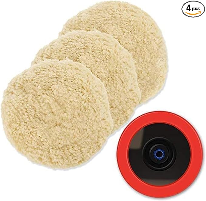 Wool Polishing Pads, SPTA 6"(150mm) 100% Natural Wool Buffing Pad with Hook & Loop Backing 4pcs Set Come with 5/8-11 Thread Backing Plate for Car Polishing, Buffing and Cutting