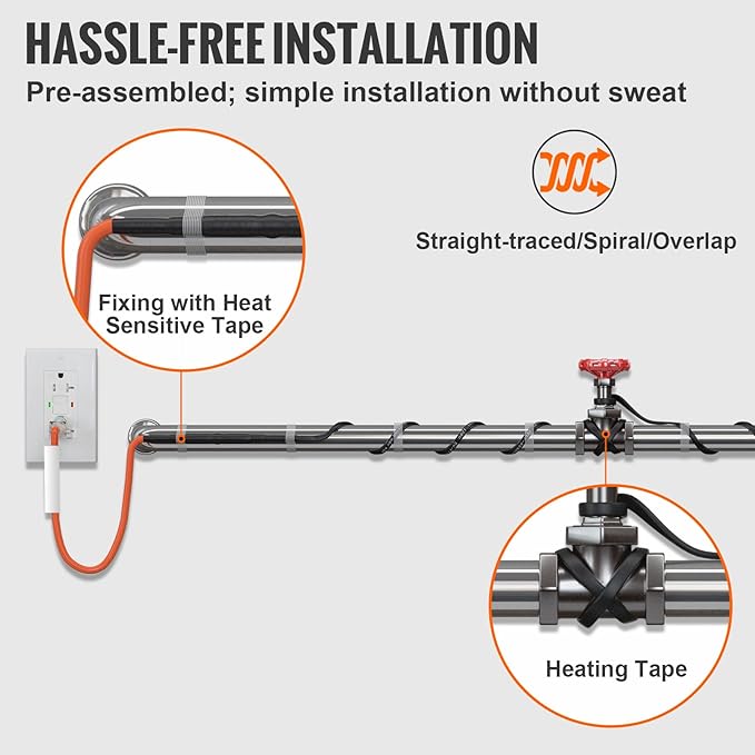 VEVOR Self-Regulating Pipe Heating Cable, 15FT 5W/FT Heat Tape for Pipes Freeze Protection, Water Pipe Heat Cable with Built-in Thermostat Protects PVC Hose, Metal and Plastic Pipe from Freezing