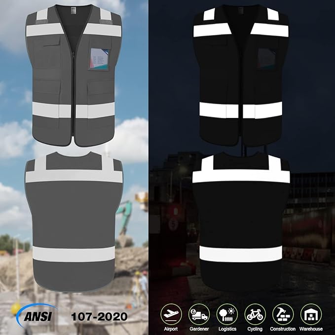 TCCFCCT Construction Vest 5 Pockets Reflective Safety Vest for Men Women, High Visibility Work Vest with Tabs for Walkie-talkie, Durable to Use, Meets ANSI/ISEA, Grey, S