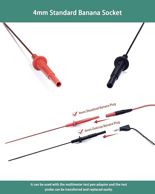 Multimeter Leads, Insulated Test Probe Needle Point Wire Testing Probes, Automotive Extra Sharp Long Reach Prod for Standard 4 mm Test Leads Kit, 600V CAT III