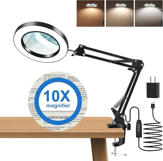 10X Magnifying Glass with Light and Clamp, Real Glass Lens, Adjustable Swing Arm - Image 2