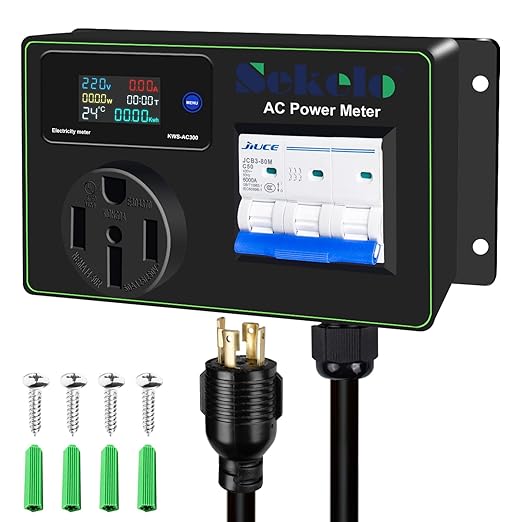 30A AC Power Meter, 240V Digital Multimeter Tester, NEMA L14-30P to NEMA 14-50R Outlet Monitor with 2FT 10AWG Cable and 50A Circuit Breaker, Real-Time Voltage, Current, Power, and Energy Monitoring