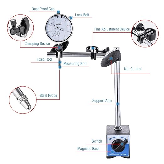 KATSU Tools Dial Indicator with Magnetic Base and 22 Pieces Indicator Points Set, 0-1.0" Tester Gauge, 0.001" Precision, Fine Adjustment, Measuring Toolkit in Storage Case 401111