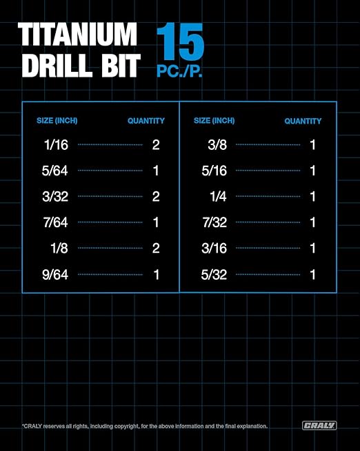 CRALY 15-Piece Cobalt Drill Bit Set, M35 HSS Titanium Coated Jobber Length Twist Drill Bits, Dash Tip & 135 Degree Split Point, 3-Flat Shank, for Hard Metal, Stainless Steel, Cast Iron, Plastic