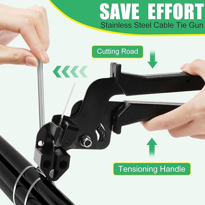 Heavy Duty Stainless Steel Cable Tie Gun Kit with 200 PCS 8.3 Inch Self-Locking Metal Zip Ties, Adjustable Tension & Cutting Tool for Garden Fence Repair, Outdoor Projects, Automotive (8.3'')