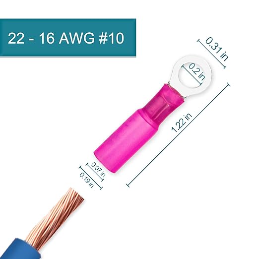 60 PCS Heat Shrink Wire Connectors, 22-16 AWG Ring Terminals, 22-16 Gauge #10 Automotive Marine Ring Connectors by Housun