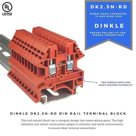 Dinkle Red DK2.5N-RD DIN Rail Terminal Block Screw Type UL 600V 20A 12-22AWG, Pack of 100