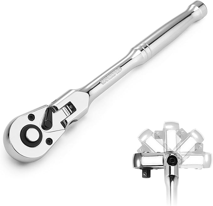 WORKPRO 1/4" Drive Flex Head Ratchet 72-Tooth Ratchet Flex Head with Chromium Plating Quick Release Reversible Design, 5 Degree Swing