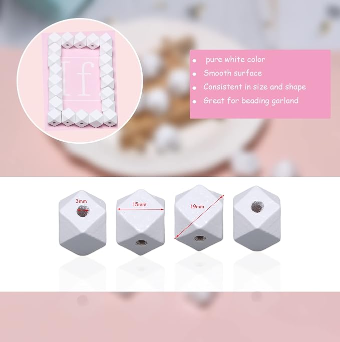 50pcs 15mm White Geometric Wooden Beads, Hole 3mm, Spacer Beading Supplies - Image 2