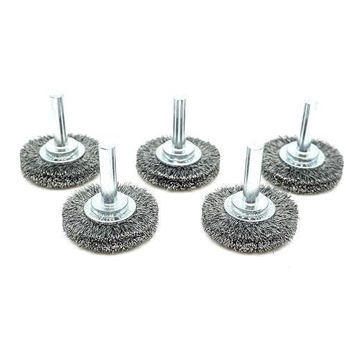 Benchmark Abrasives 1-1/2 Inch Grinder Mounted Crimped Wire Wheel for Drill with 1/4" Shank, Steel Brush for Rust Removal, Cleaning, Deburring on Cast Iron, Steel Rotary Tools (5 Pack) - Carbon Steel
