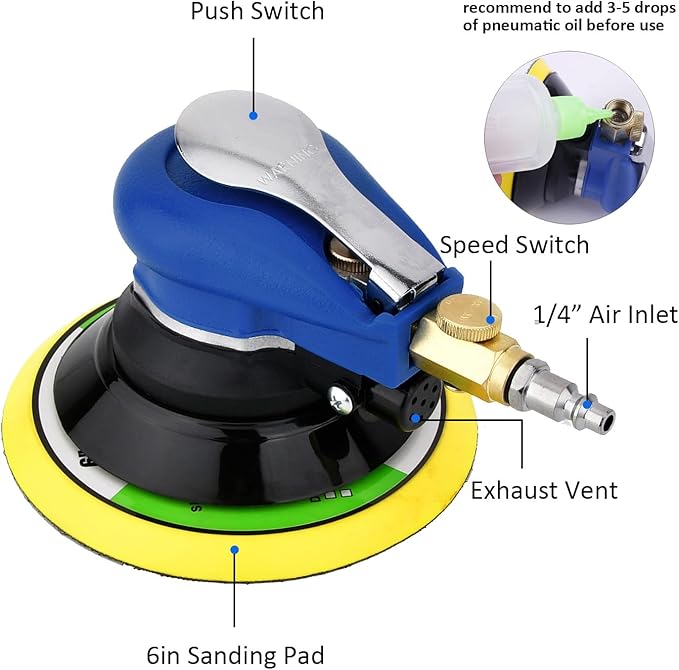 6 inch Pneumatic Orbital Sander, Daul Action Air Sander with Hook and Loop Sanding Pad for Woodworking, Autobody Work