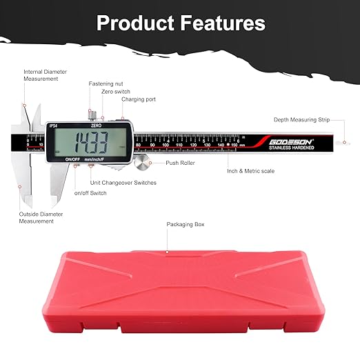 GODESON Digital Caliper,IP54 Caliper Measuring Tool-Stainless Steel & Large LCD Screen, Rechargeable Digital Micrometer display Inch/Metric/Fractions, 6 Inch Digital calipers-Absolute Scale & Auto-Off