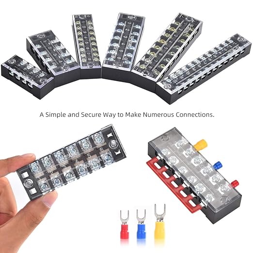 73Pcs(6Sets) Terminal Block Set, 6Pcs 6 Positions 600V 25A Dual Row Screw Terminal Strip Block + 6Pcs Pre-Insulated Terminals Barrier Strip + 60Pcs Insulated Fork Wire Connector by CGele…
