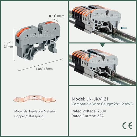 DIN Rail Terminal Blocks Kit, 20pcs Universal Compact Wire Connectors + 2pcs Connection Bar + 2pcs Marker Strip + 2pcs Terminal End Stopper + 20pcs Screws for 24-12 AWG